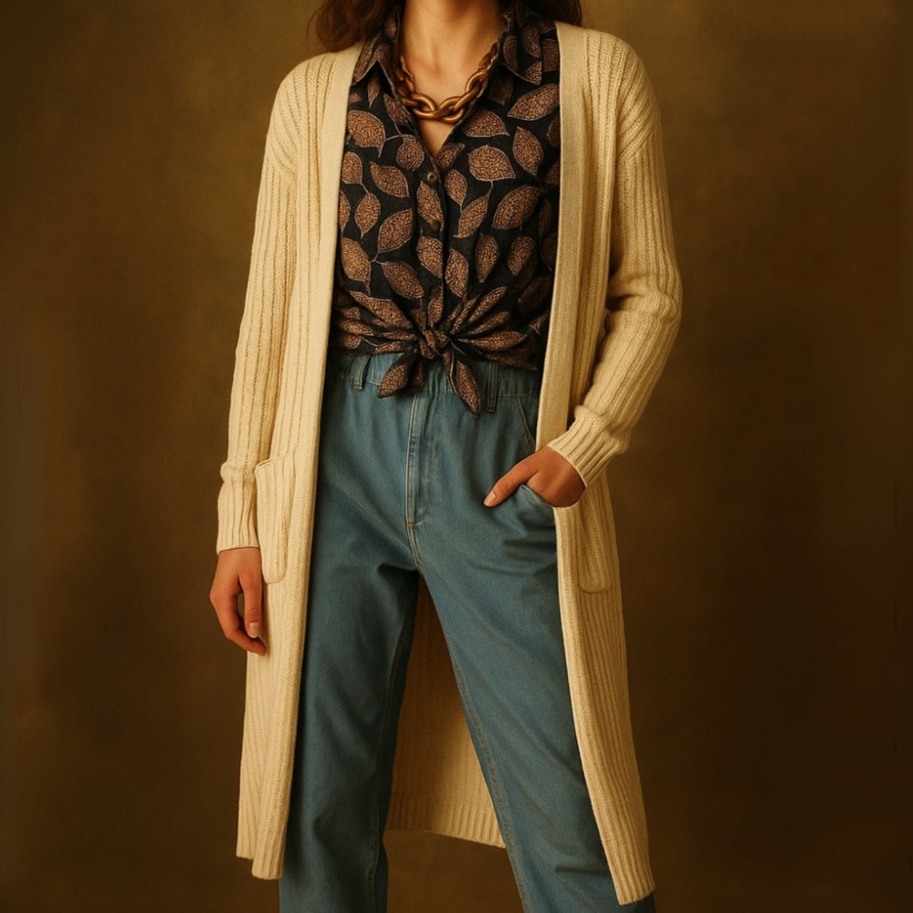 NWT Moon & Madison Ivory Ribbed Open Knit Maxi Cardigan Sweater Size Small